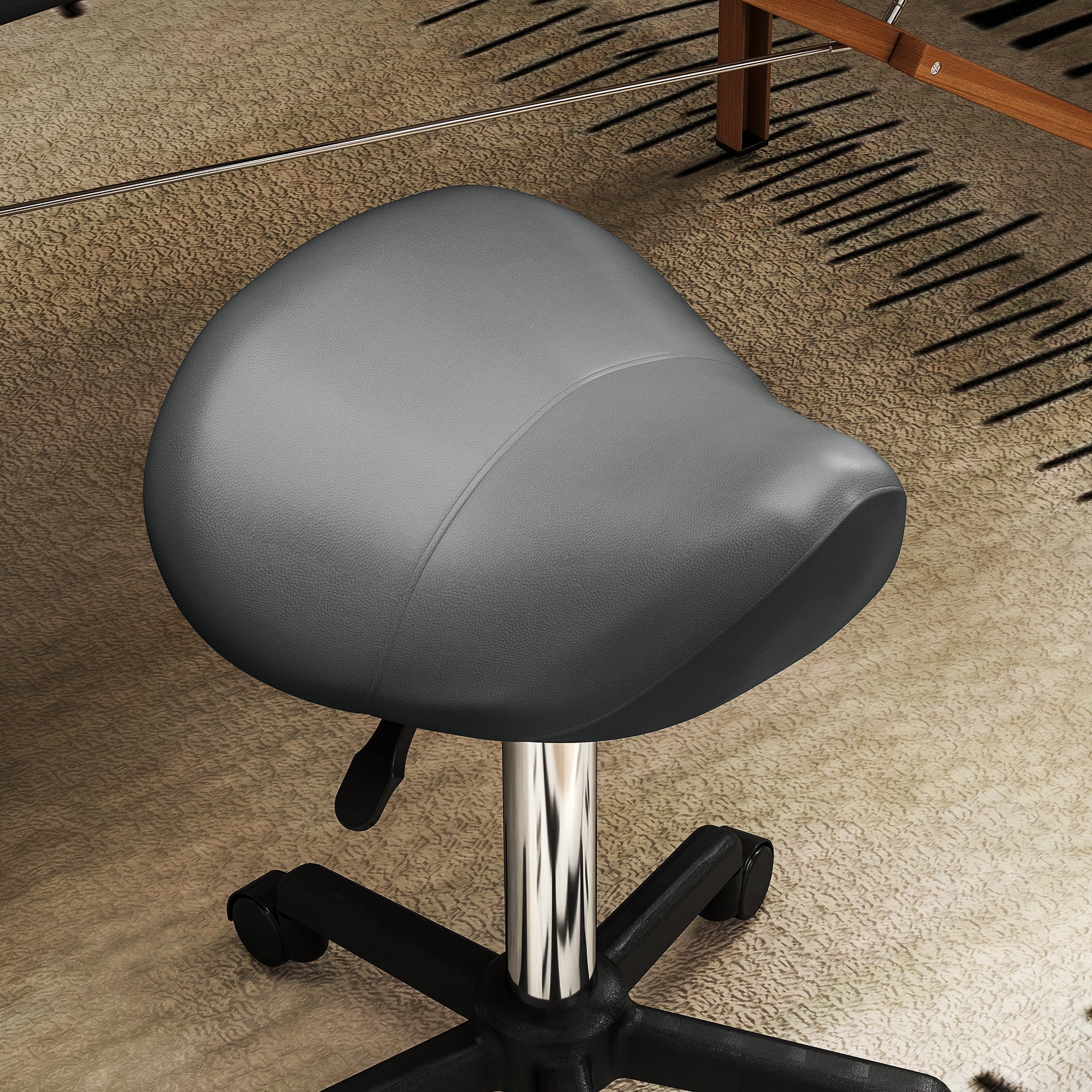 Swivel Saddle Stool with Wheels and Adjustable Height, Padded and Upholstered in Faux Leather, Grey