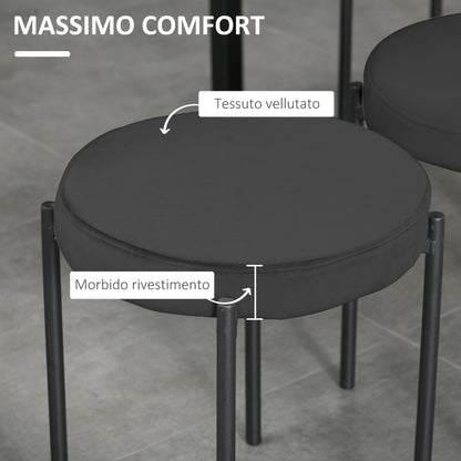 Set of 4 Low Round Stools in Metal and Velvet Effect Fabric, 41.5x41.5x46 cm, Black