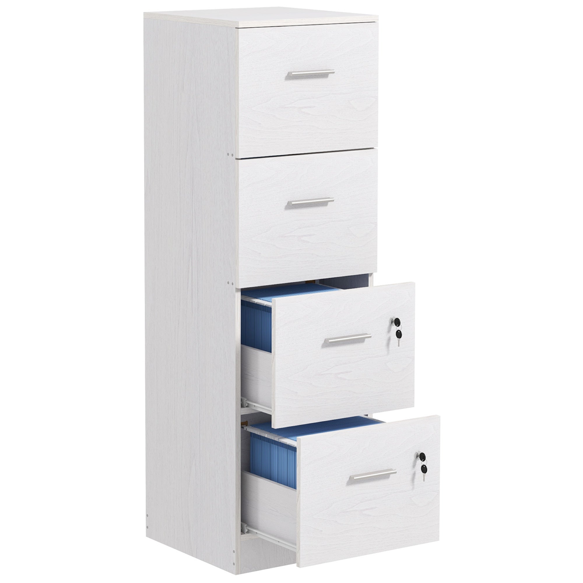 4 Drawer Office Cabinet with 2 Locks and Document Holder Bar, Wooden, 40x42x130.8 cm, White