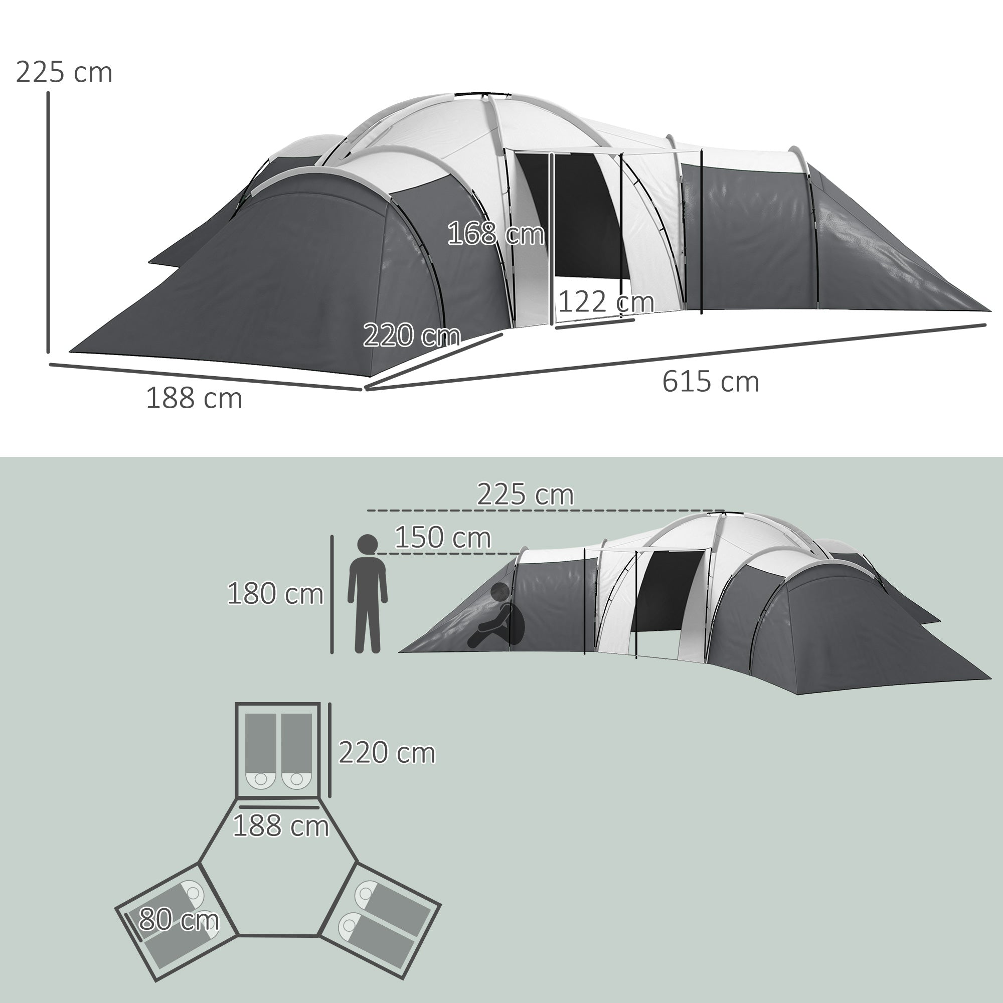 6-Person Waterproof Camping Tent with 3 Sleeping Areas, Living Area and Porch, Oxford Fabric, Grey