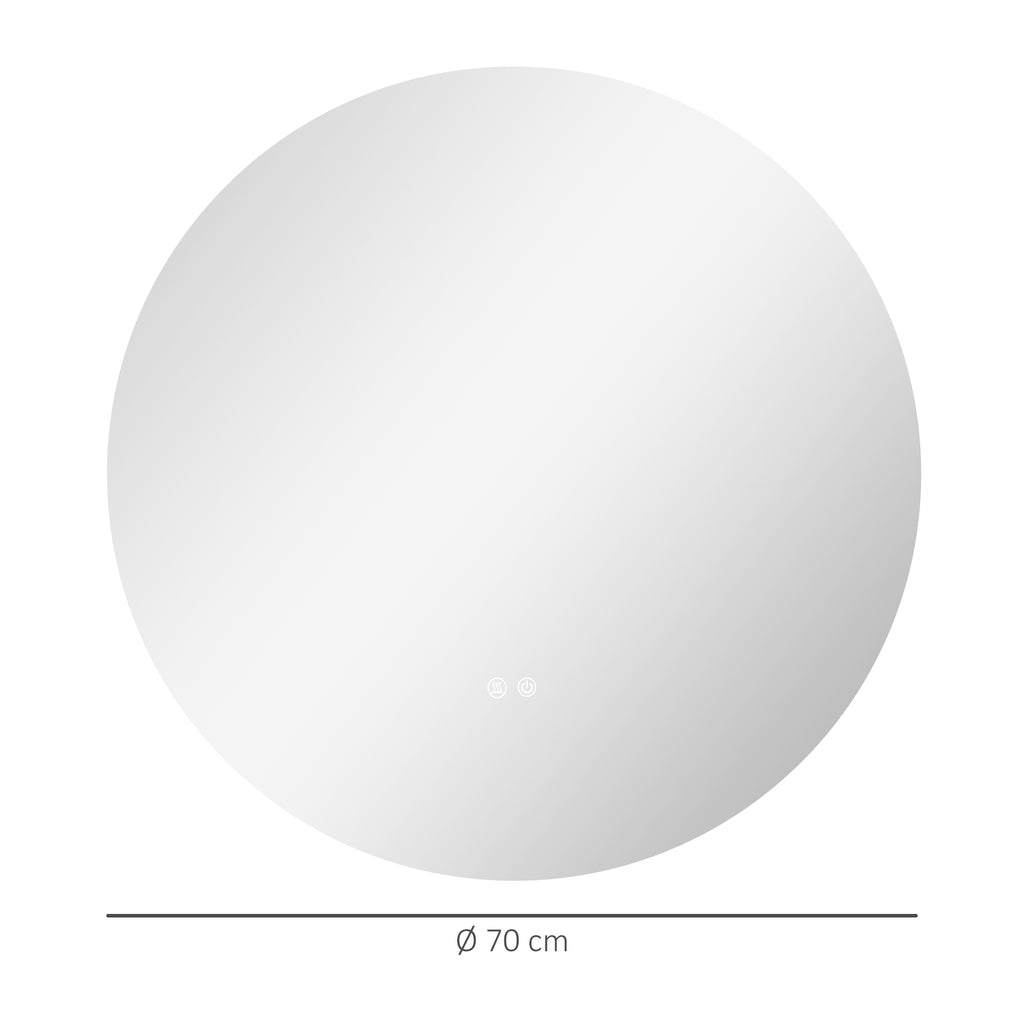 Bathroom Mirror with Dimmable LED Lights, Touch Switches and Anti-Fog Design, Ø70 cm