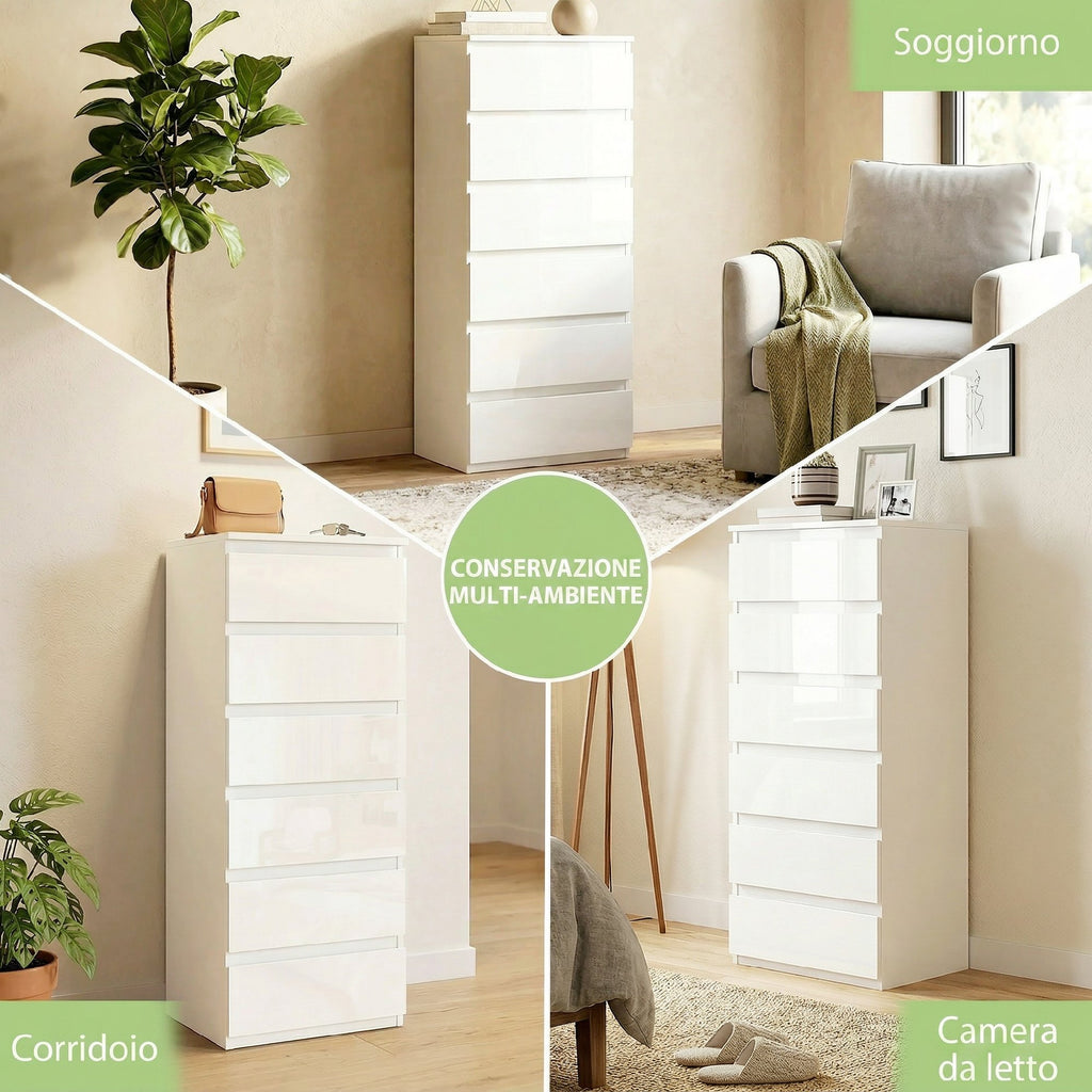 HOMCOM Slim Dresser, 6 Drawers, Gloss Finish, Bedroom, White