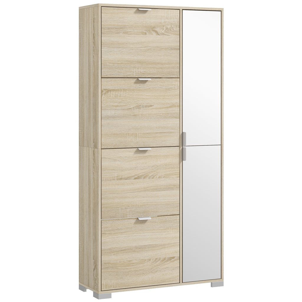 Shoe Rack with Mirror for 16 Pairs of Shoes, 4 Drop-Down Drawers and 2 Cabinets, 82x30x168cm, Oak