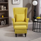 Contemporary Style Armchair with Footstool, in Linen Effect Fabric and Rubber Wood, 75x83x104 cm, Yellow