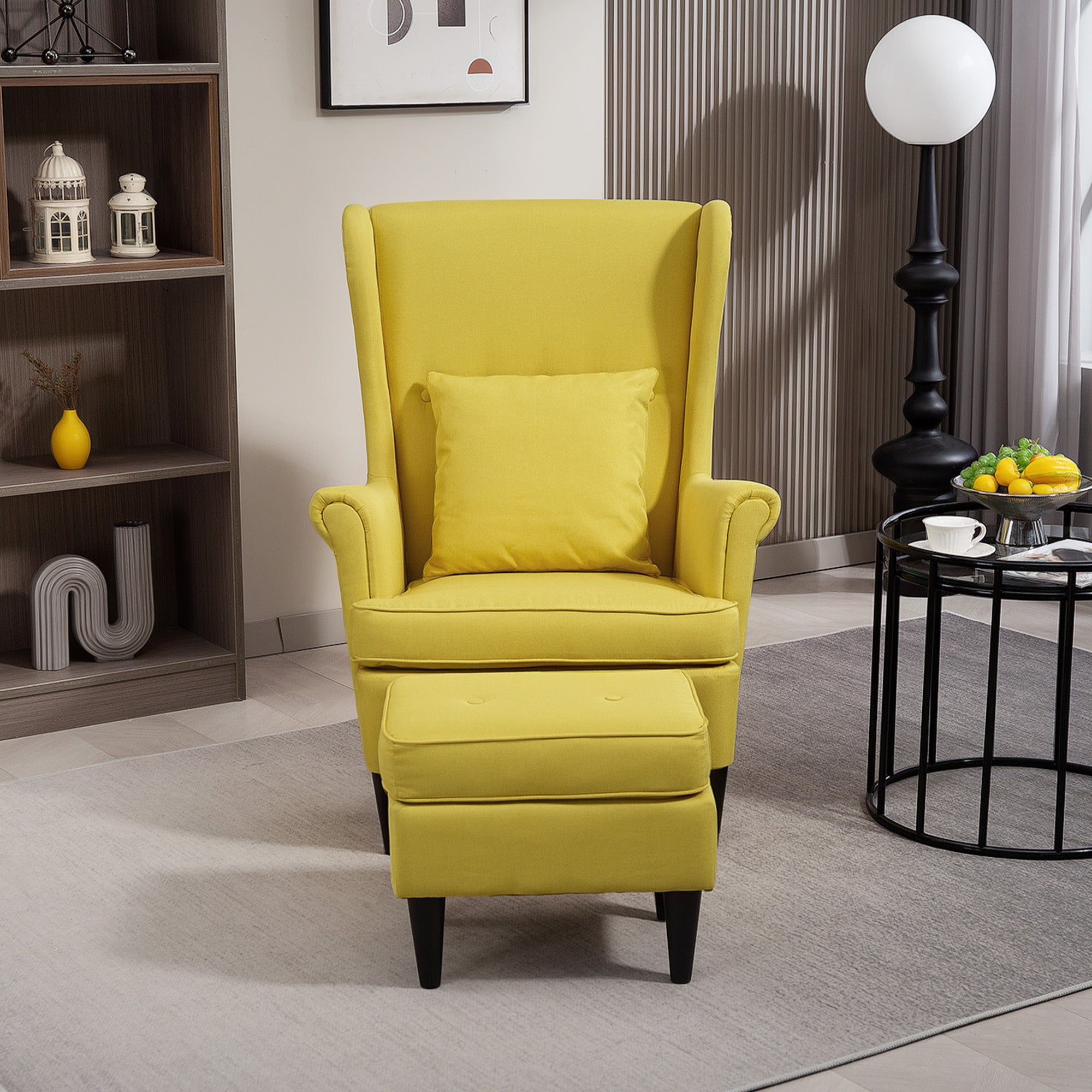 Contemporary Style Armchair with Footstool, in Linen Effect Fabric and Rubber Wood, 75x83x104 cm, Yellow
