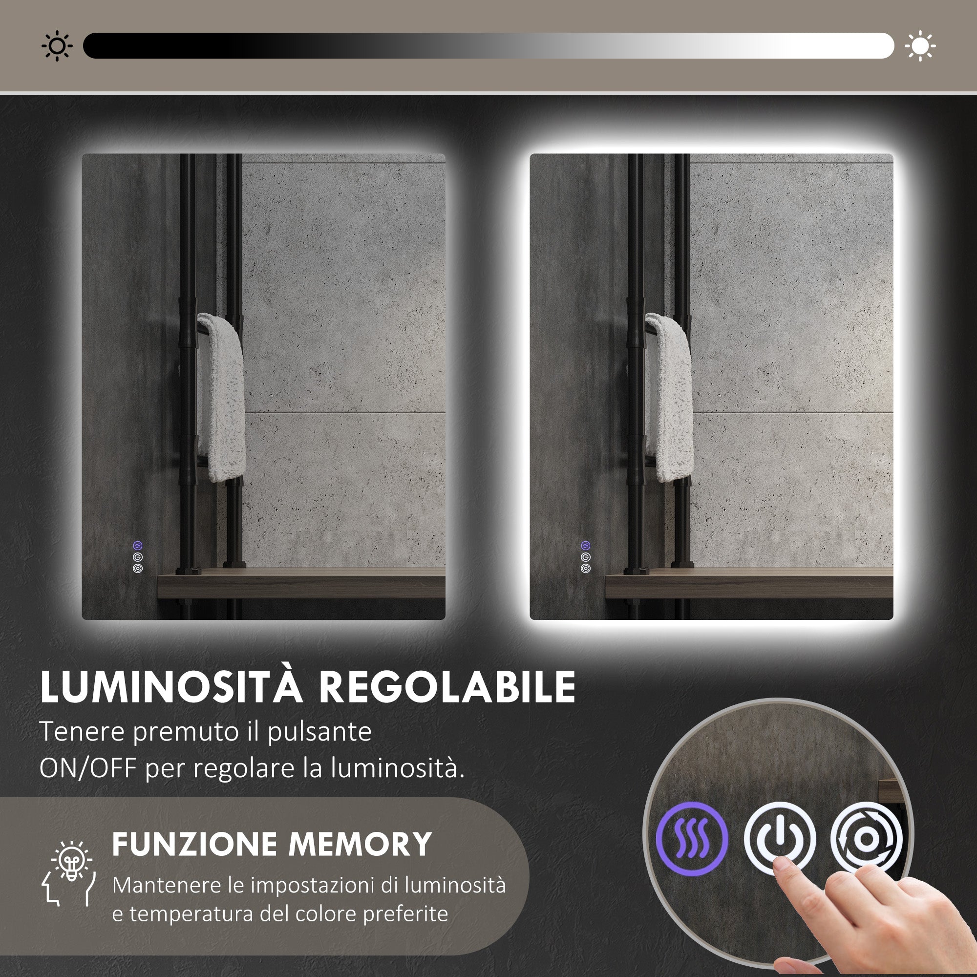 Anti-fog Bathroom Mirror with Adjustable Brightness and Color, Glass and Aluminum Alloy, 80x60x4 cm