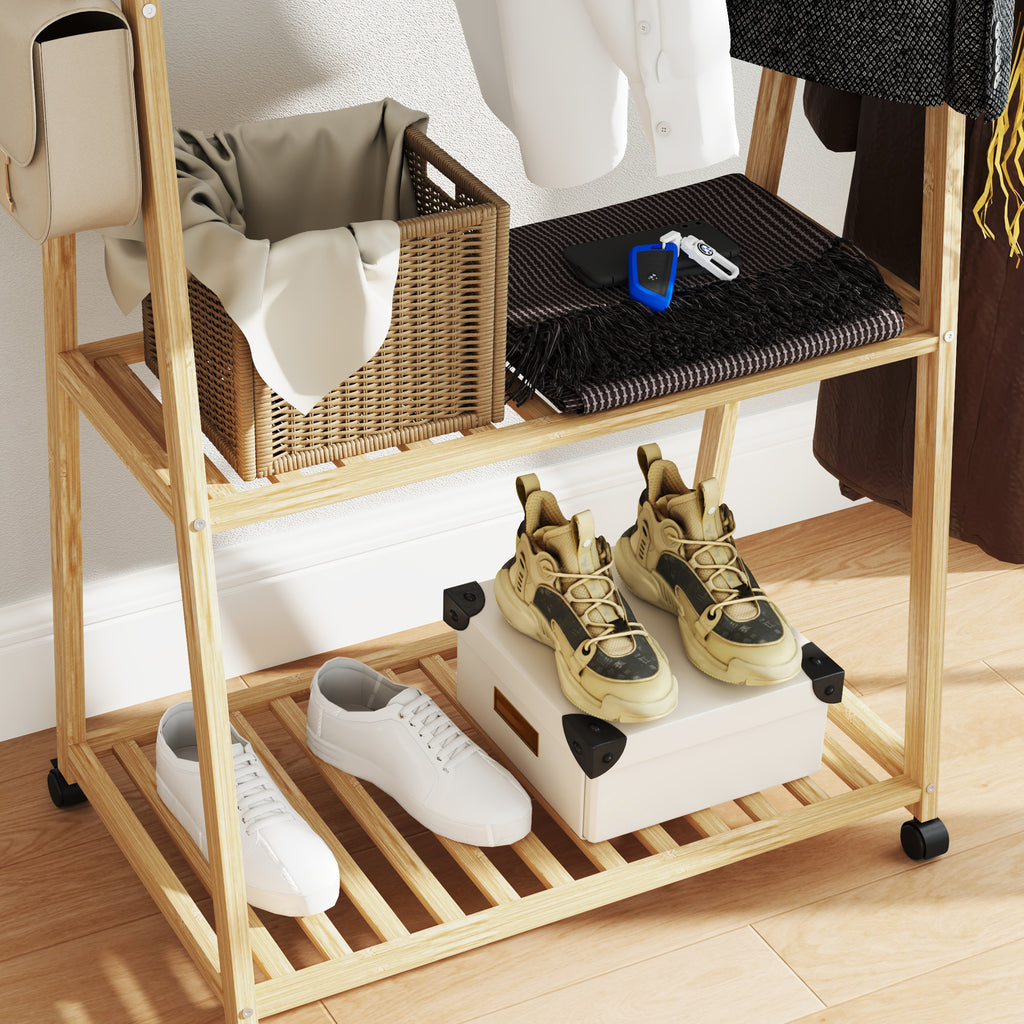 HOMCOM Bamboo Coat Rack with Shoe Shelf, 2 Hooks, Mobile Coat Stand for Entryway, Living Room, Natural