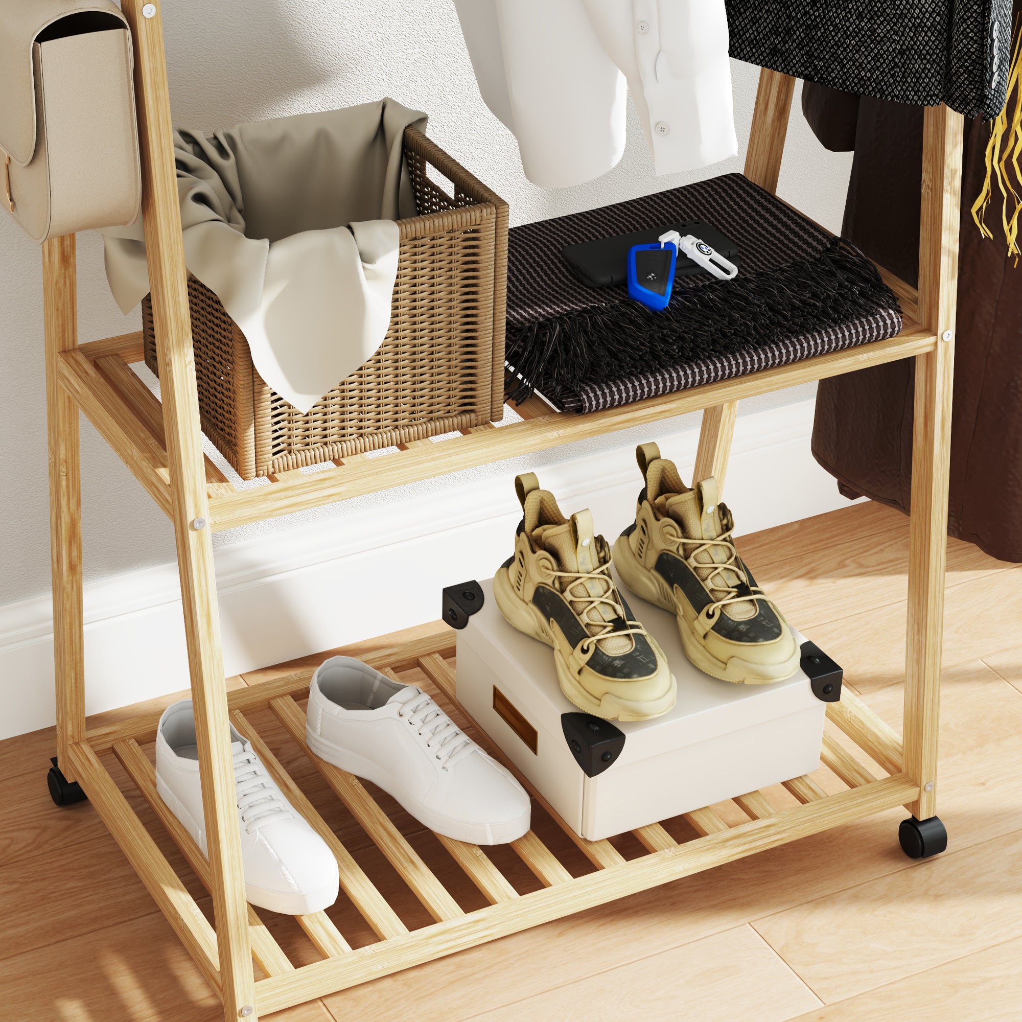 HOMCOM Bamboo Coat Rack with Shoe Shelf, 2 Hooks, Mobile Coat Stand for Entryway, Living Room, Natural