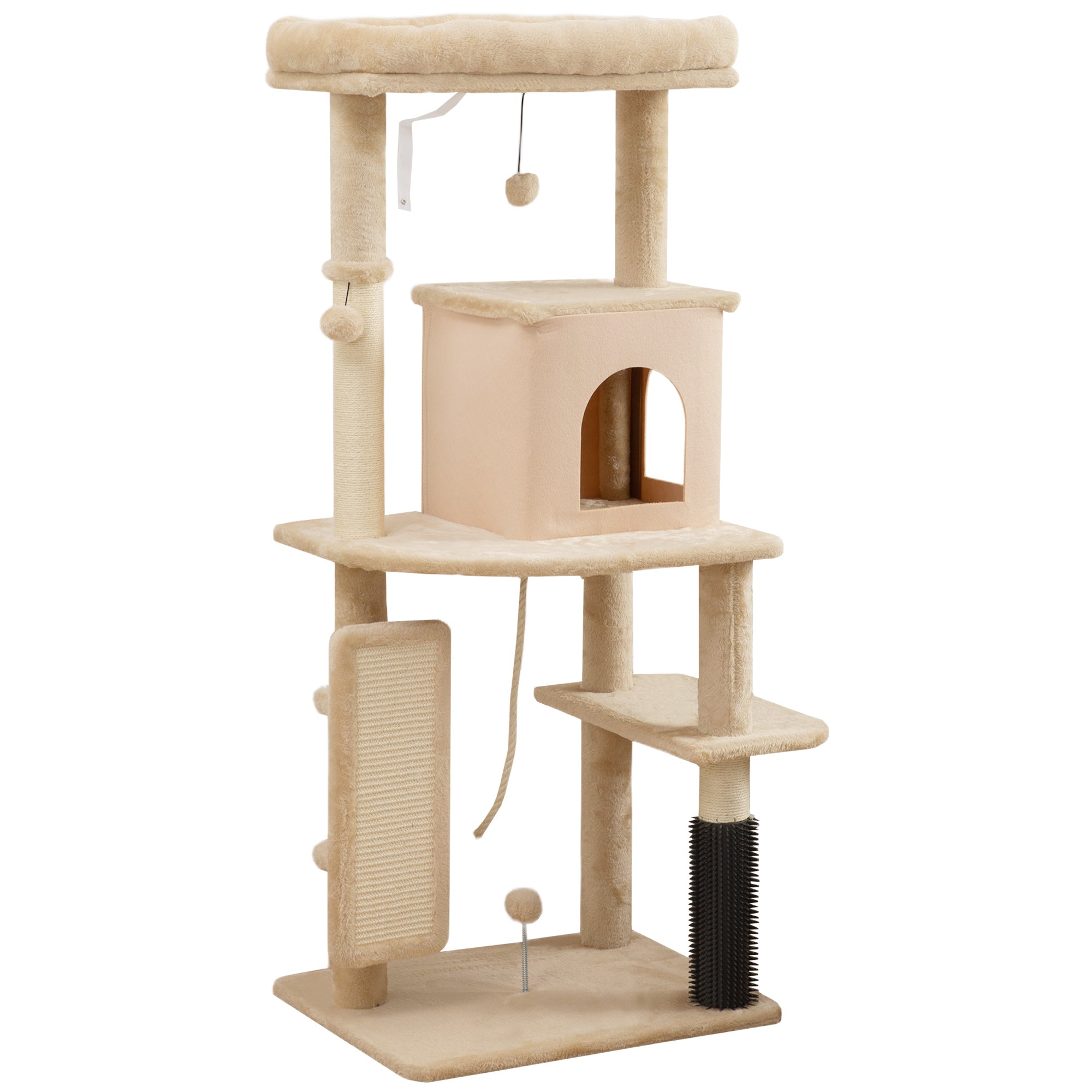 Multi-Level Cat Tree, 132 cm Tall, with House, Bed, Scratching Posts, Brush and Ball, Beige
