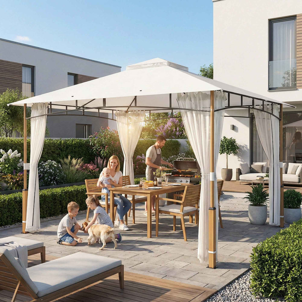 Outsunny Gazebo 3 x 3.6 m, Double Roof UPF50+ with Net, Cream