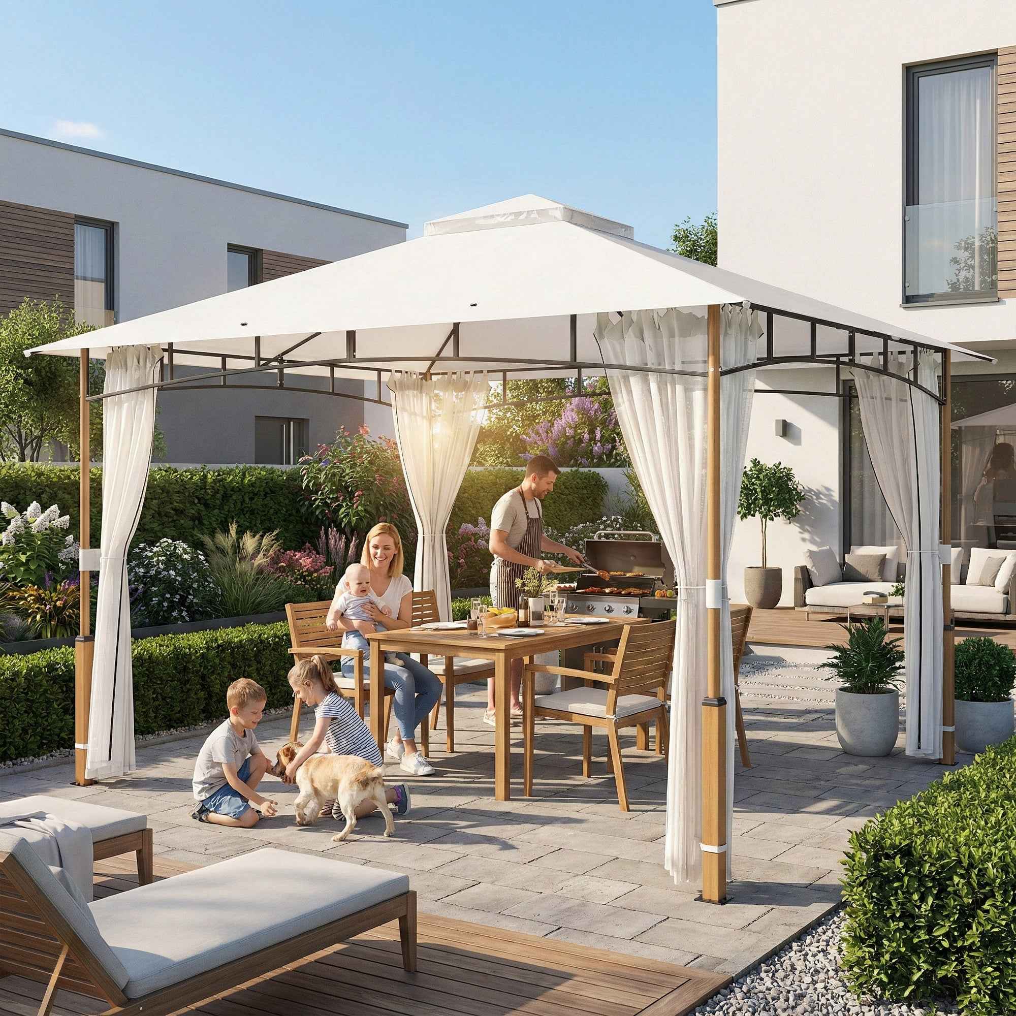 Outsunny Gazebo 3 x 3.6 m, Double Roof UPF50+ with Net, Cream