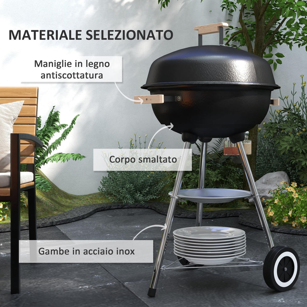 Charcoal Barbecue with Steel Grill, Lid and Air Vents and Wheels, Black