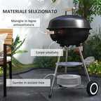 Charcoal Barbecue with Steel Grill, Lid and Air Vents and Wheels, Black