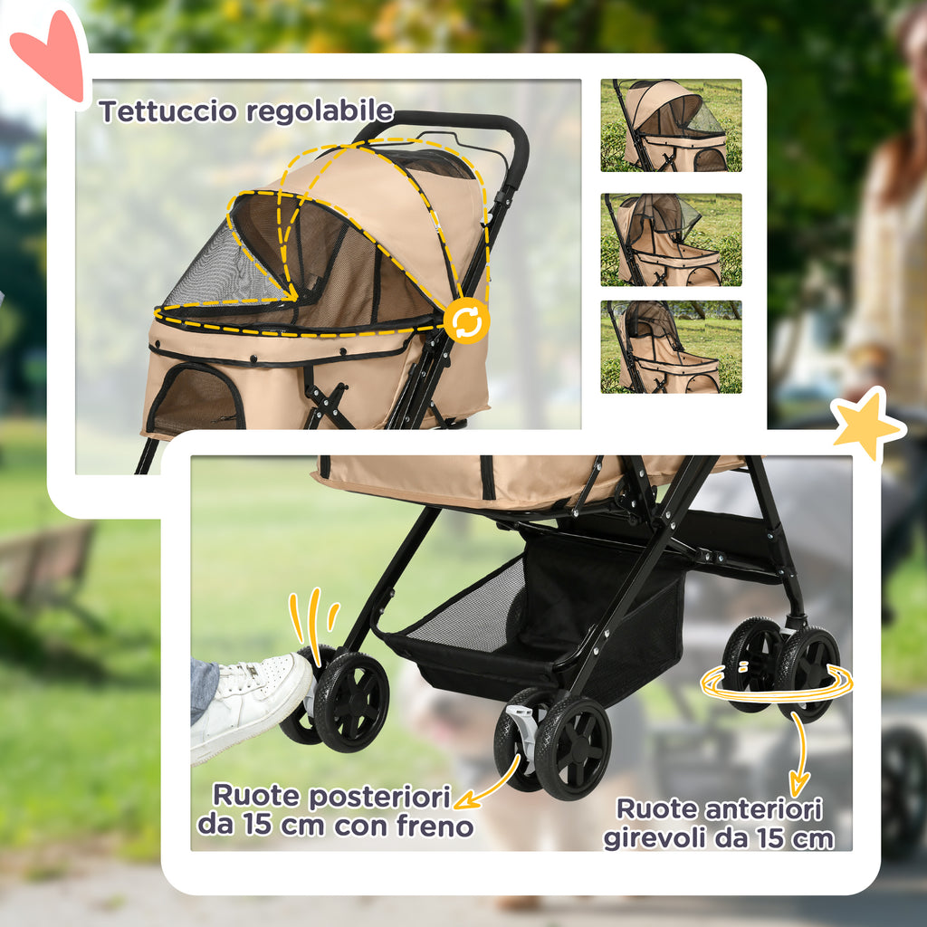Folding Dog Stroller with Swivel Handle, Braked Wheels and Basket, Brown