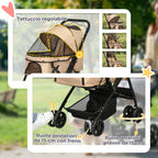 Folding Dog Stroller with Swivel Handle, Braked Wheels and Basket, Brown