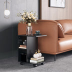C-Shaped Coffee Table with 2 Open Shelves and 4 Swivel Wheels, 45x35x58 cm, Black