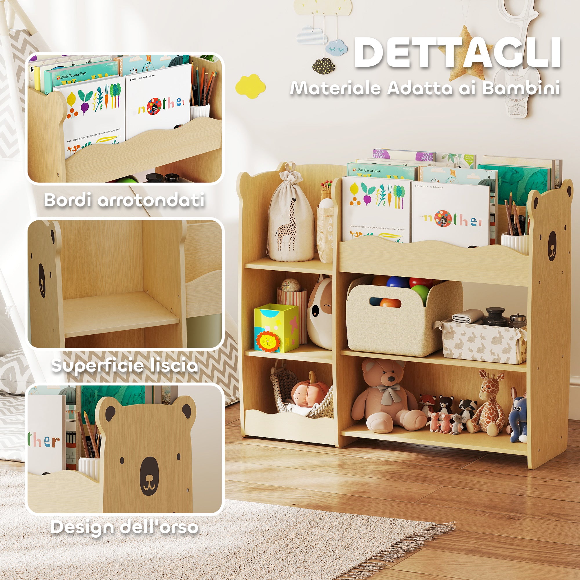 Toy Storage Shelf for Children Ages 3-8 with Open Shelves and Compartments, Wooden, 92x29x79 cm, Wood Color