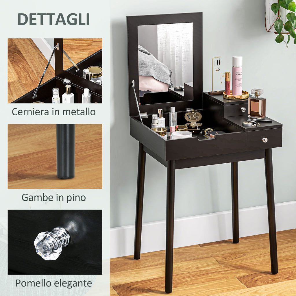 2 in 1 Dressing Table with Folding Mirror and 2 Drawers, 60x50x85.5 cm, Black