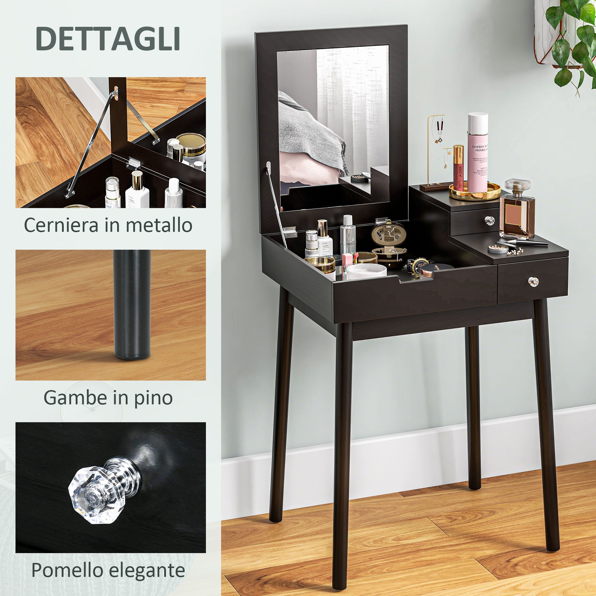 2 in 1 Dressing Table with Folding Mirror and 2 Drawers, 60x50x85.5 cm, Black