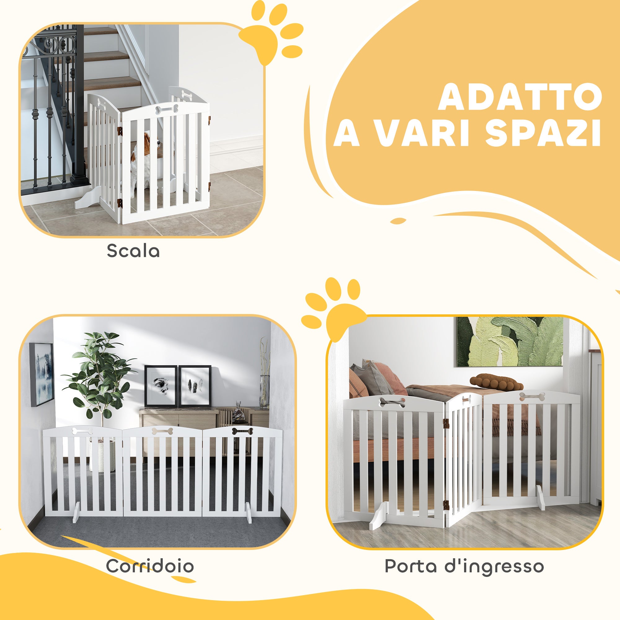 3-Panel Folding Dog Gate with 2 Stands, White Wood, 155x30x61 cm