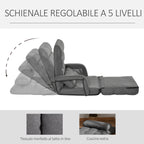 Single Sofa Bed with Cushion and 5-Level Reclining Backrest, 62x78x70 cm, Grey