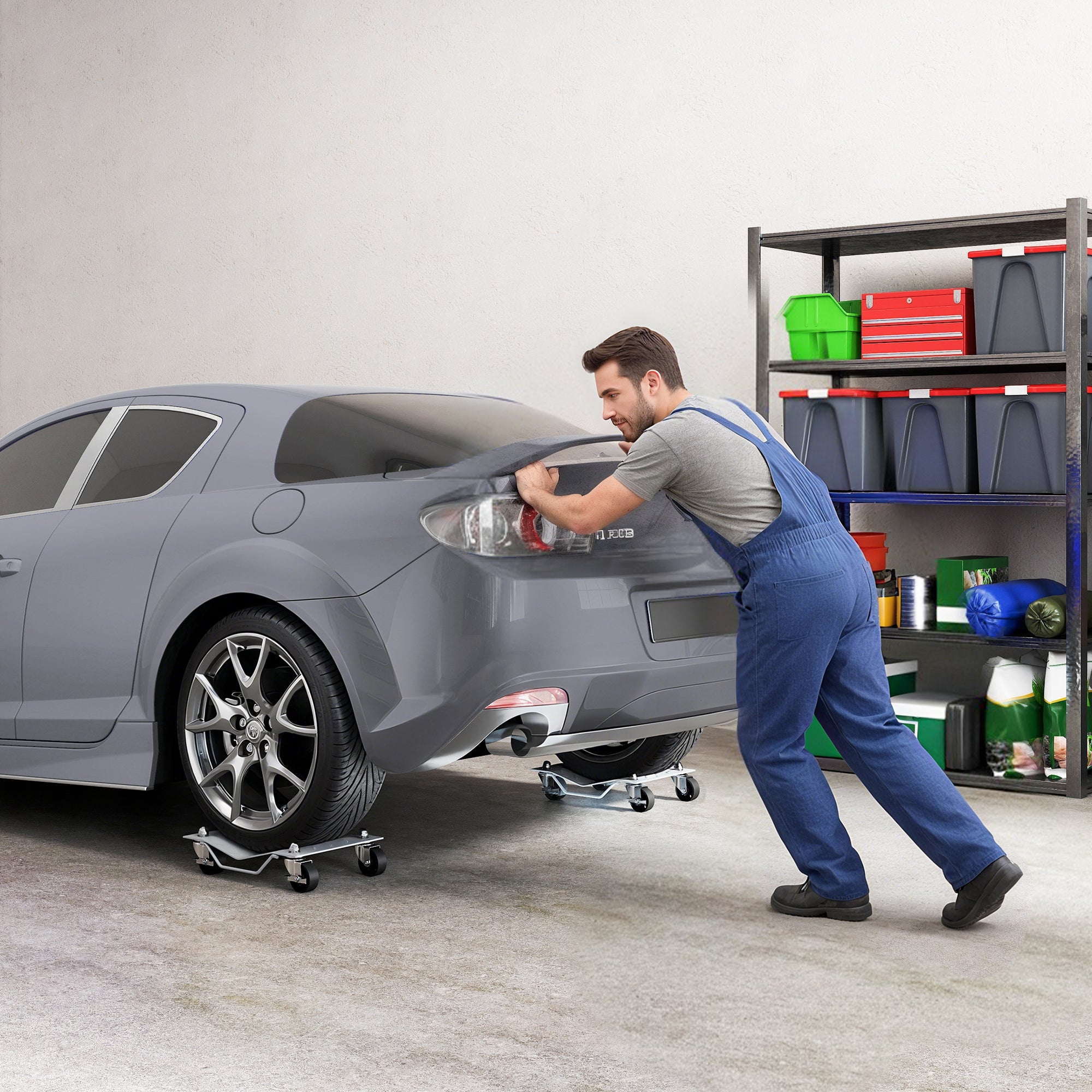 Set of 2 Non-Slip Metal Car Dollies with Lockable Swivel Wheels, Silver