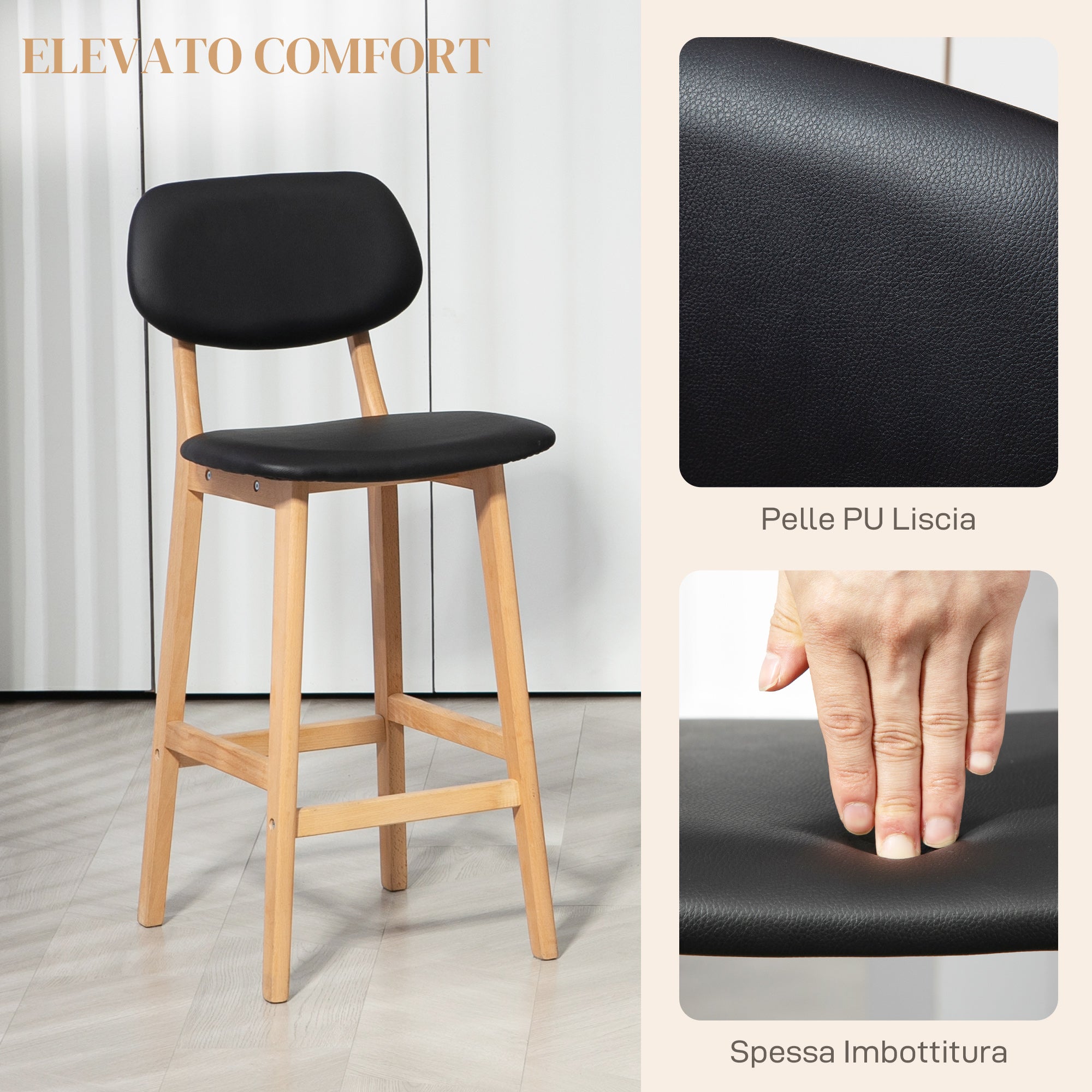 Set of 2 Bar Stools with Backrest, Faux Leather Cover and Footrest, 42x47x92cm, Black - Borgè