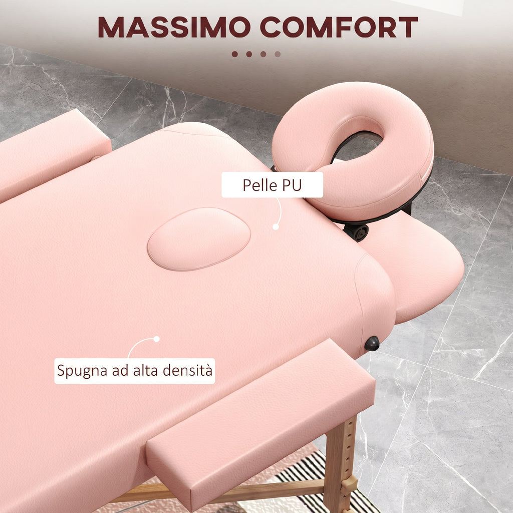 HOMCOM Folding Massage Table with Adjustable Height and Carry Bag, Wooden Frame, Pink