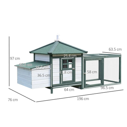 Prefabricated Wooden Garden Chicken Coop 196x76x97cm, White and Green