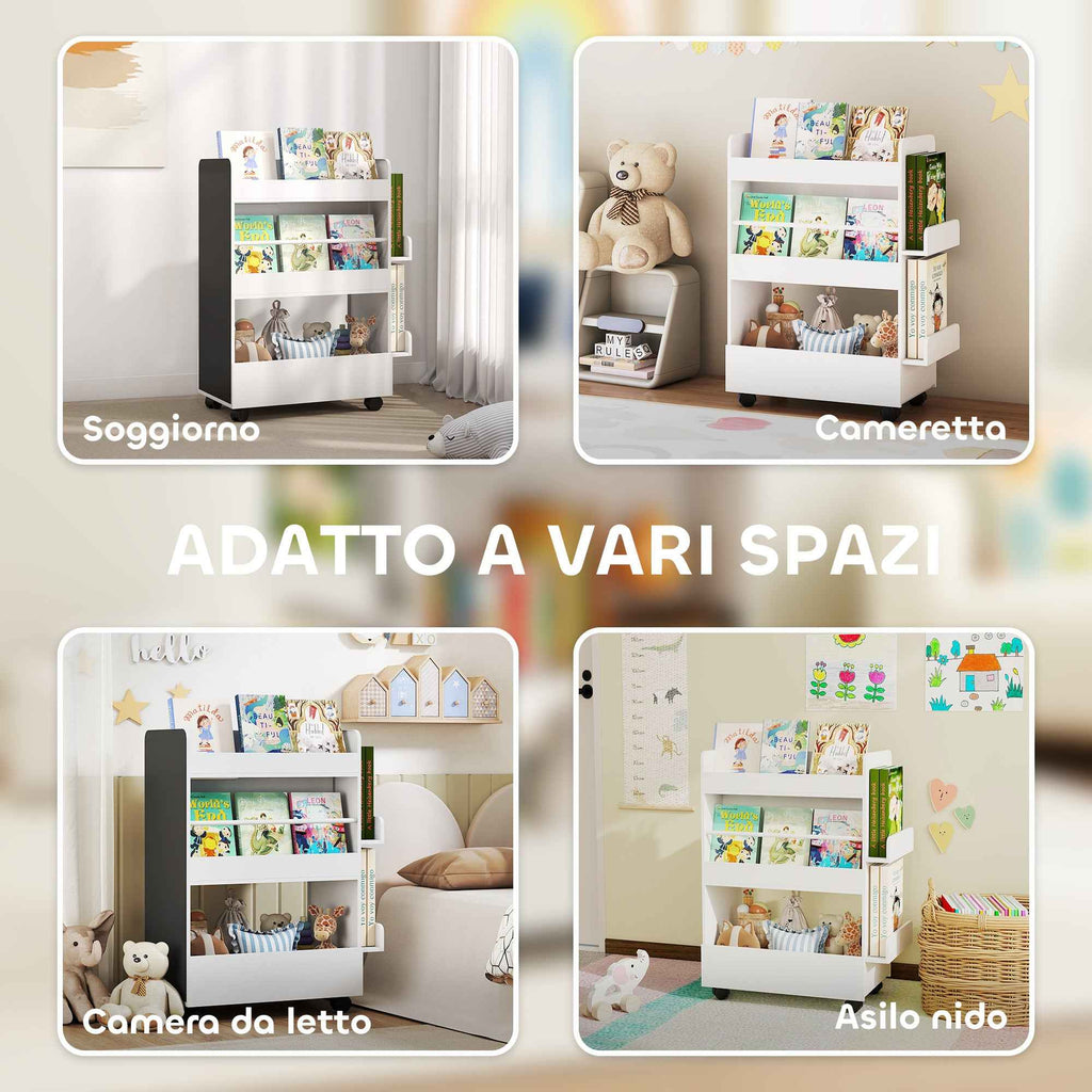 AIYAPLAY Double-Sided Bookcase for Children Ages 3-8, Toy Storage Rack with Wheels and Blackboard, White