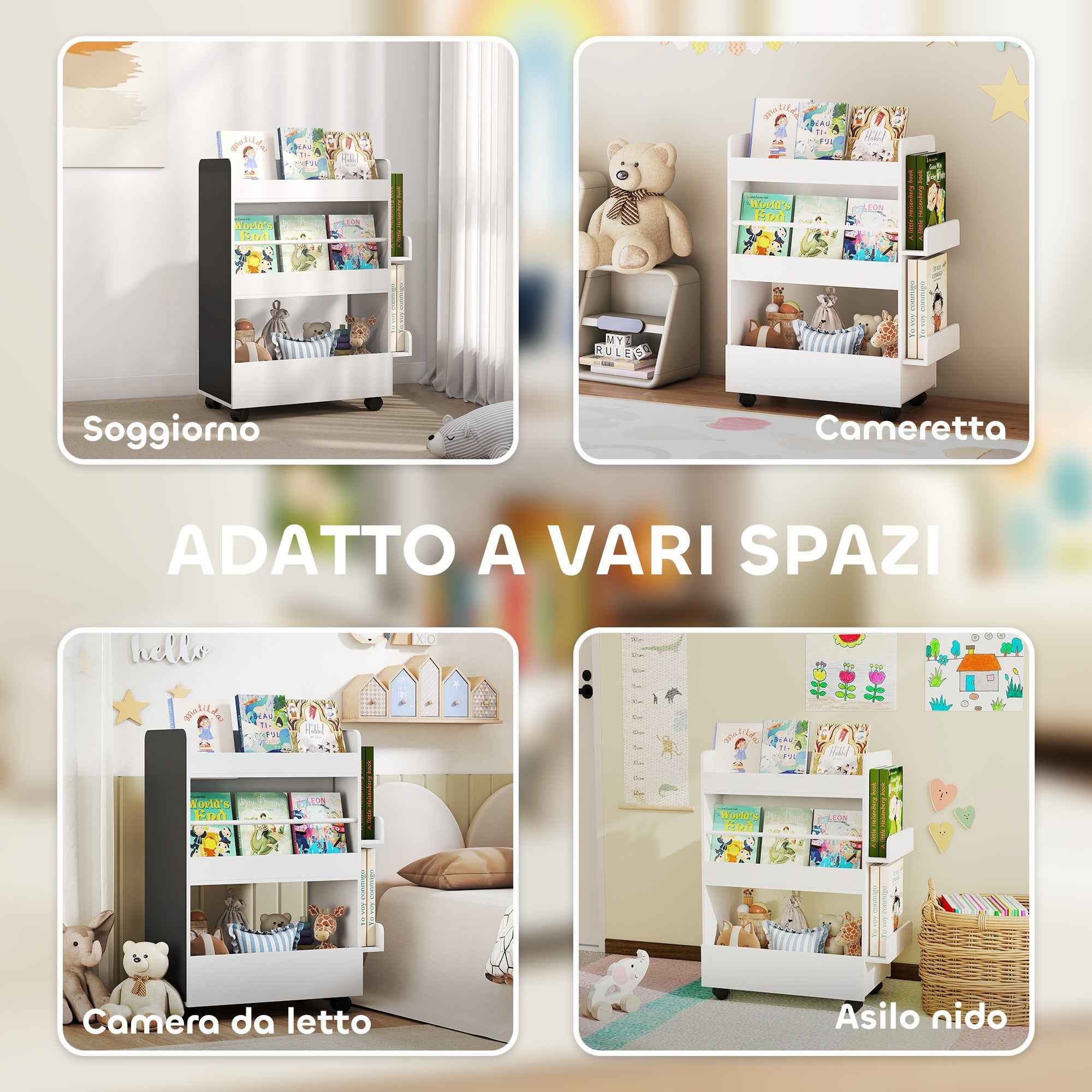 AIYAPLAY Double-Sided Bookcase for Children Ages 3-8, Toy Storage Rack with Wheels and Blackboard, White