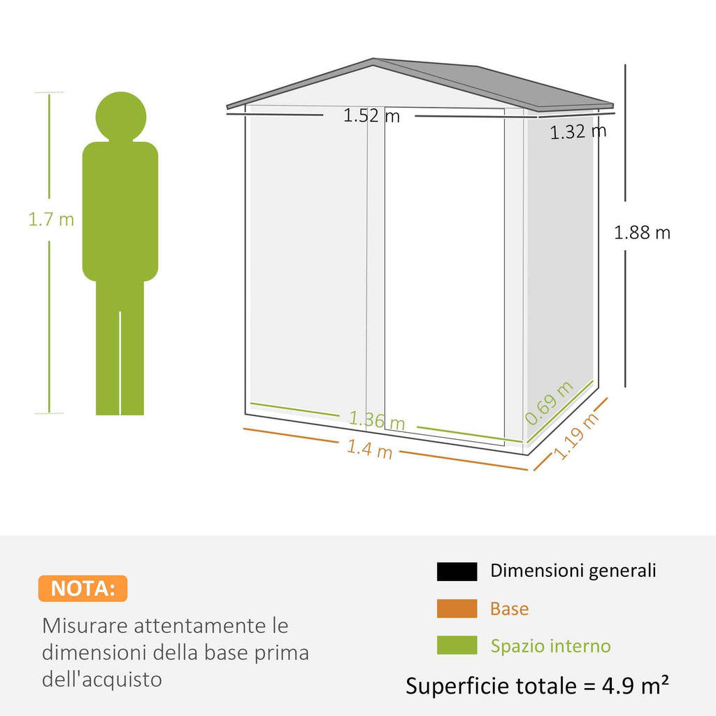 Outsunny Steel Garden Shed with Sloped Roof and 4 Air Vents, 152x132x188 cm, Grey