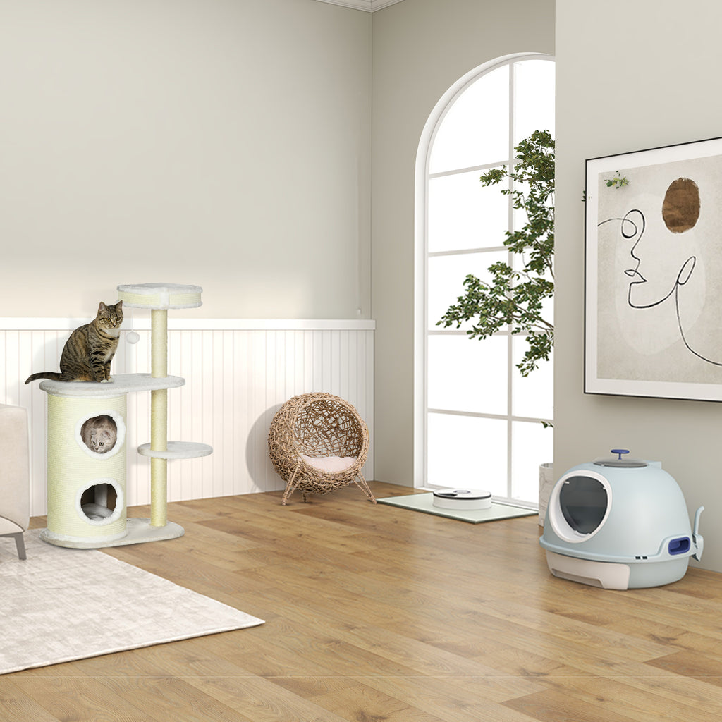 PawHut 100cm Cat Tree with Sisal Scratching Post, Basket and 2-Tier House, Cream