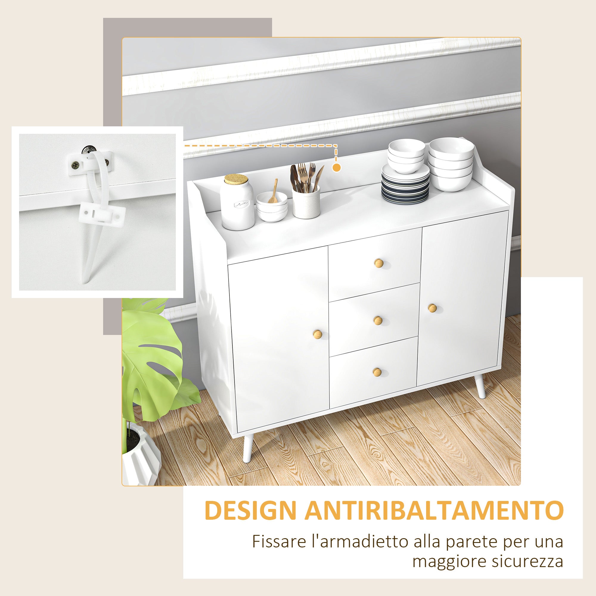 Modern Wooden Sideboard with 3 Drawers and 2 Cabinets on 2 Levels, 90x32x80 cm, White