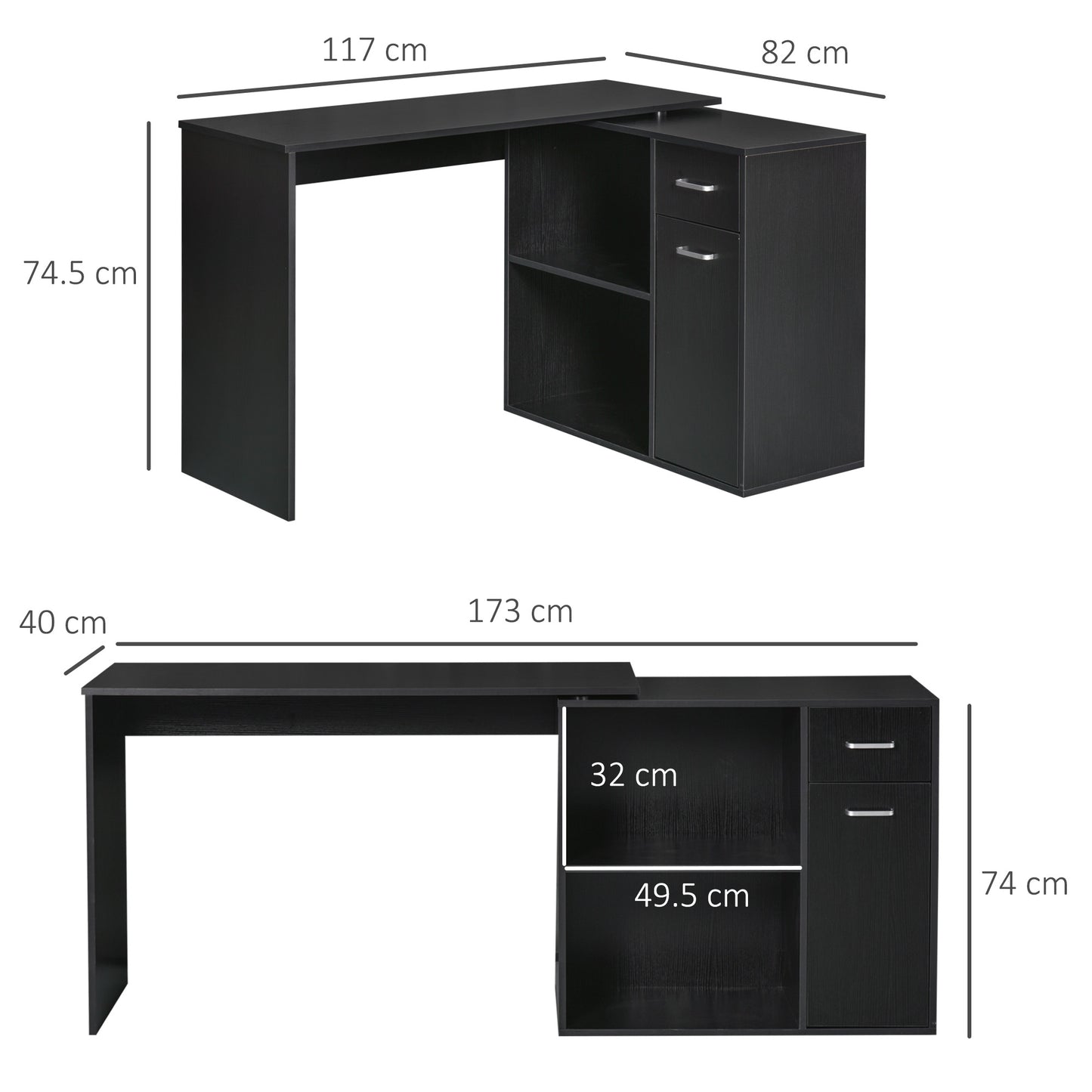 Corner Desk for Study and Office with 2 Drawers and 2 Shelves, Wooden, 117x82x74 cm, Black