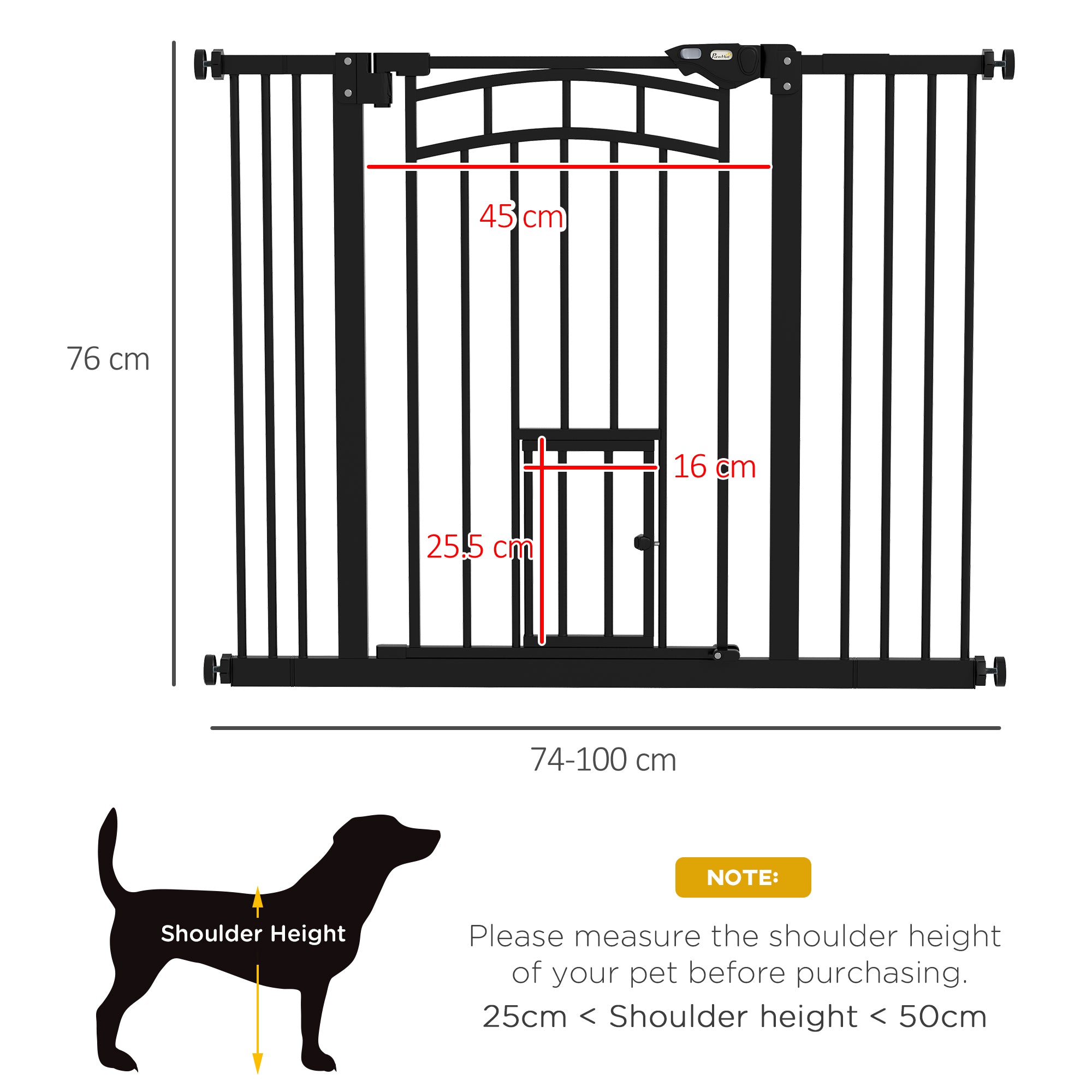 Dog Gate for Small and Medium Sizes with Automatic Closing, in Steel and PA, 74-100x76 cm, Black