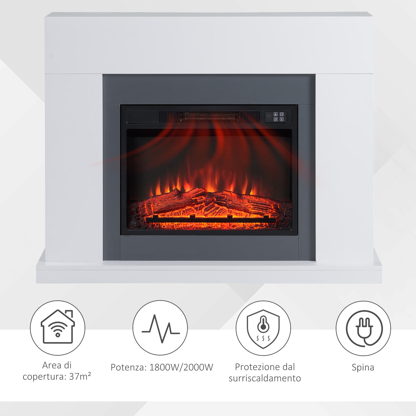 Electric Fireplace Wall Mounted with LED Flame Effect and Timer, 37m² Coverage, 2000W - White