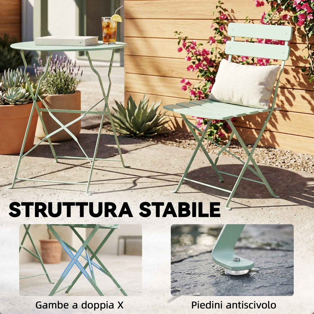 Outsunny Bistro Garden Set: Round Table and Folding Chairs for 2, Light Green.
