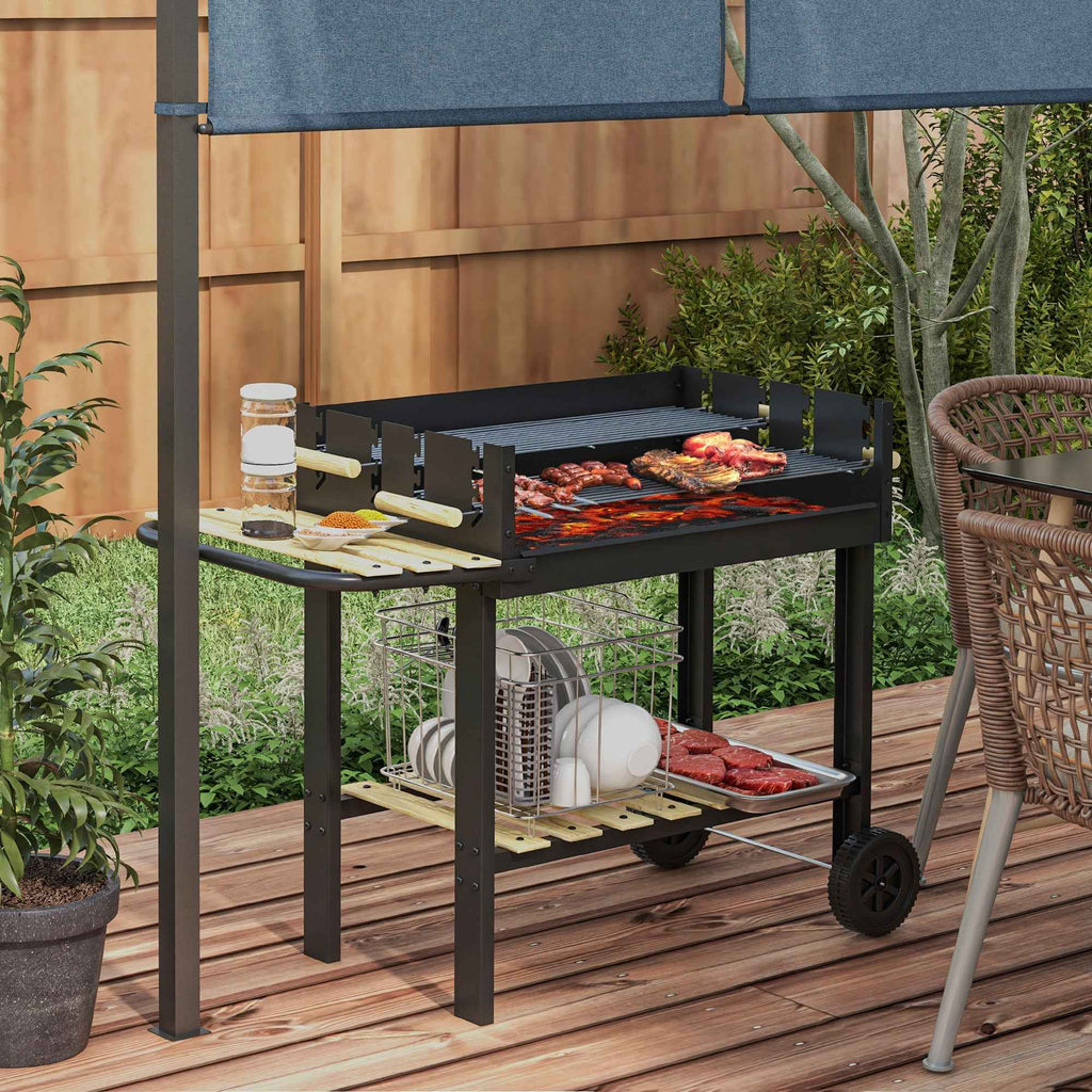 Outsunny Adjustable Height Charcoal Barbecue with 2 Grills and 2 Shelves, Metal and Wood, 113x53.5x82.5 cm, Black