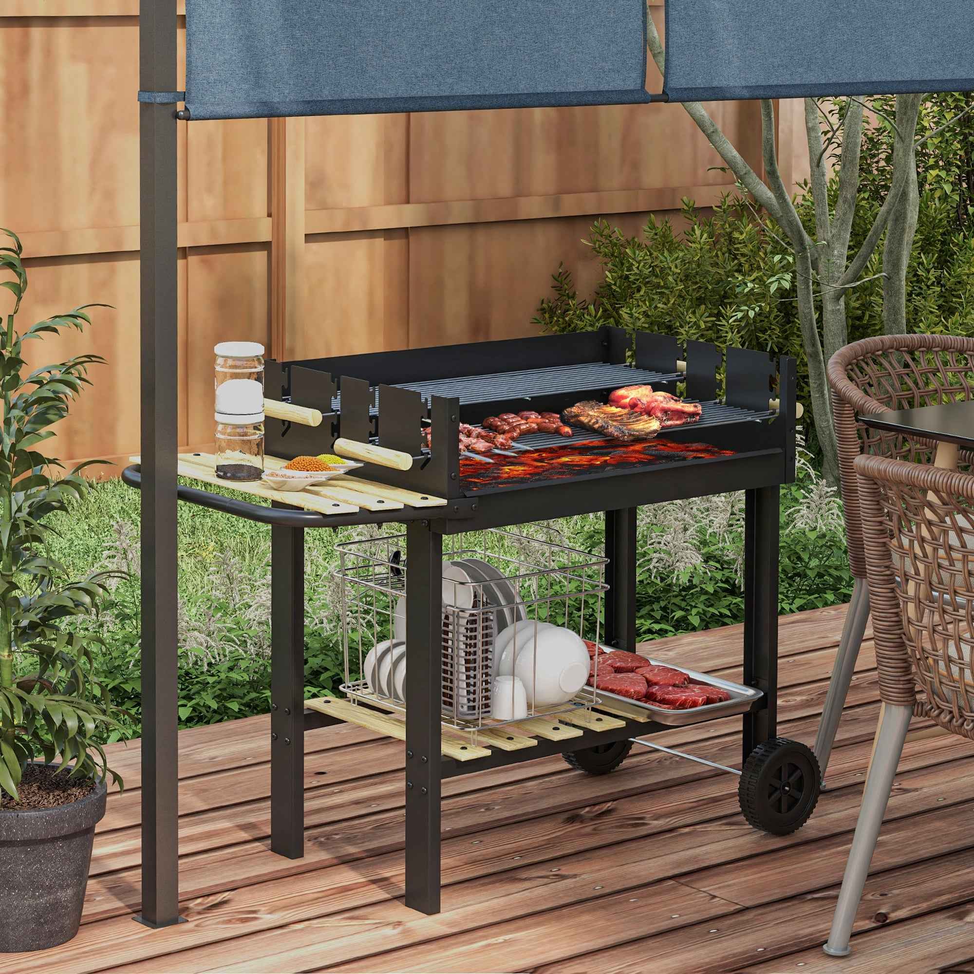 Outsunny Adjustable Height Charcoal Barbecue with 2 Grills and 2 Shelves, Metal and Wood, 113x53.5x82.5 cm, Black
