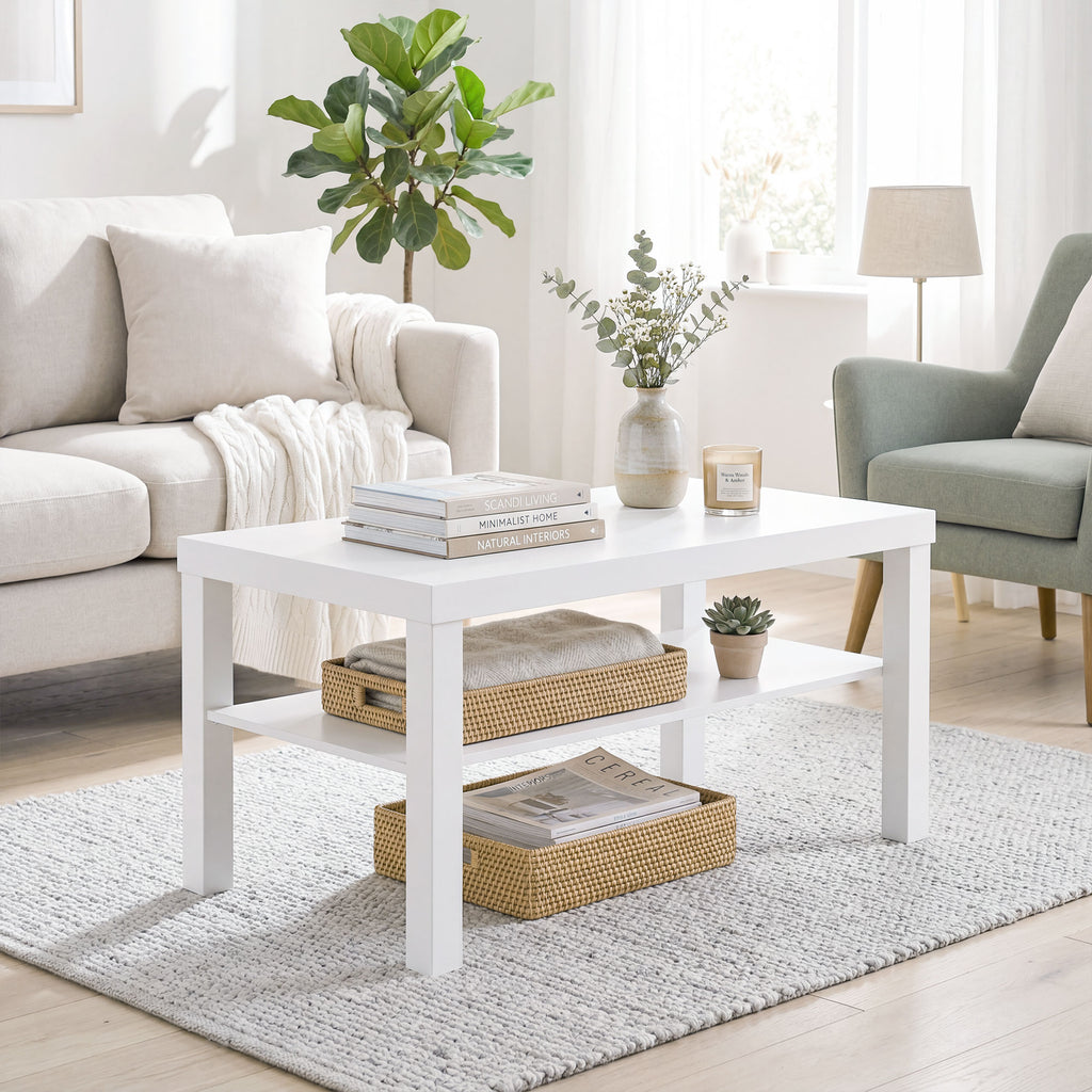 HOMCOM Rectangular Coffee Table with Large Shelf, 90×45×44.5 cm, White