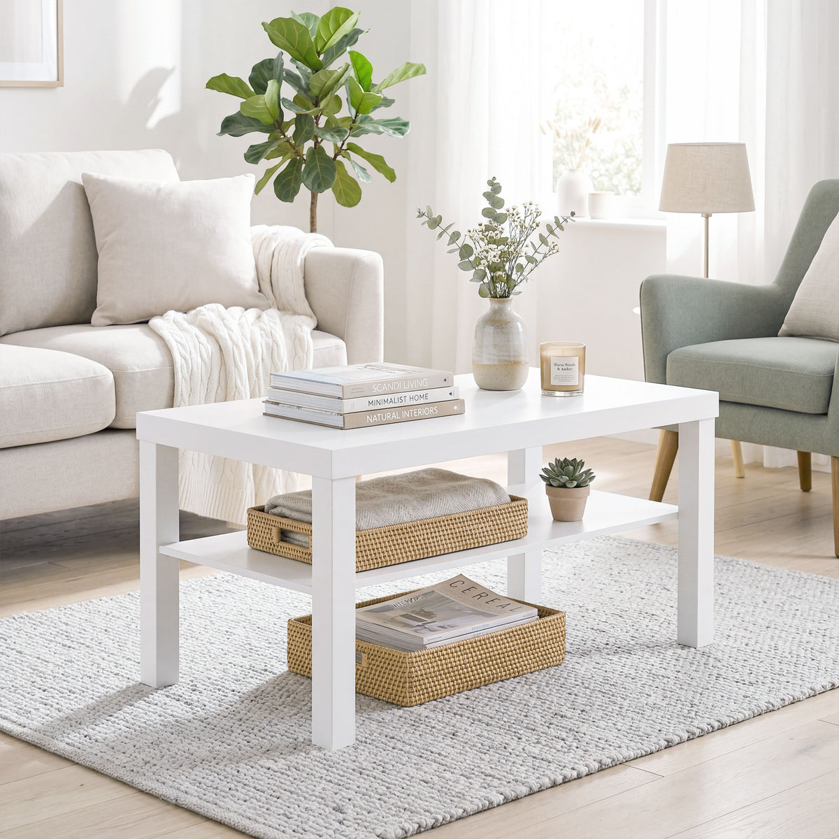 HOMCOM Rectangular Coffee Table with Large Shelf, 90×45×44.5 cm, White