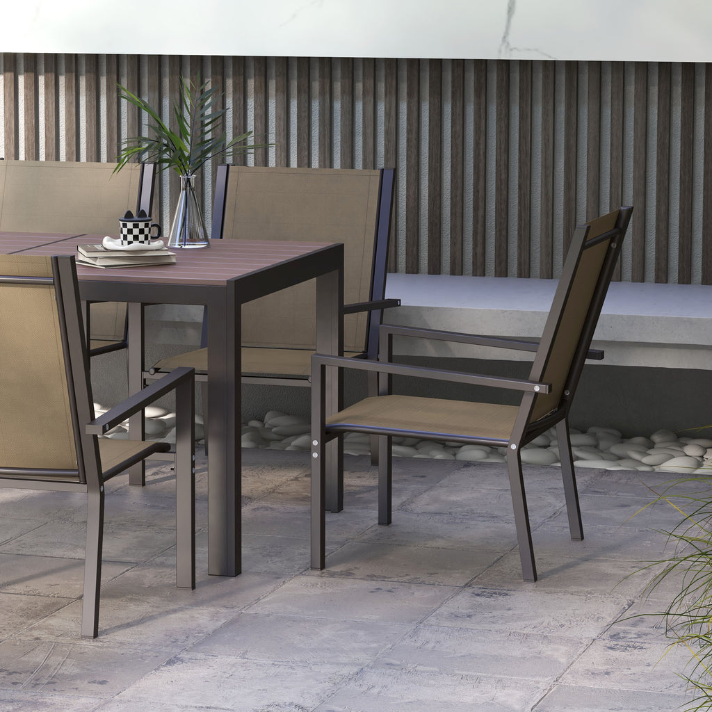 7-Piece Plastic Garden Set with 6 Stackable Chairs and Rectangular Table, Khaki and Brown - Borgè