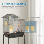 Bird Cage with Pedestal, Swivel Wheels, Shelf and Accessories, 46x36x120 cm, Black
