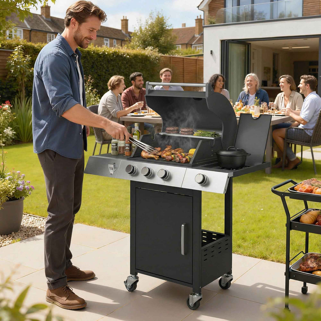 Outsunny Gas Barbecue with 3 Burners and Side Burner, 109x50x109 cm, Black