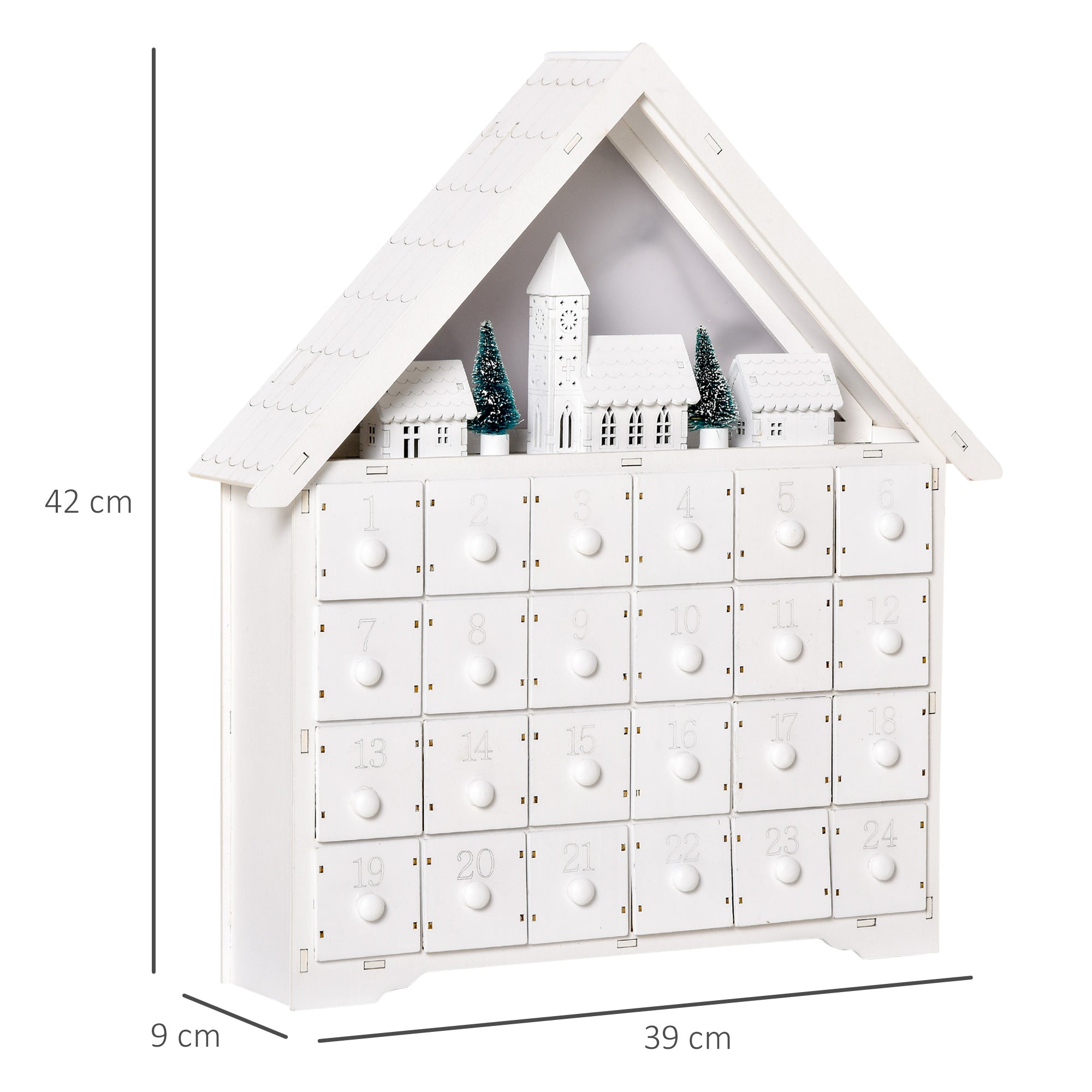 Wooden Advent Calendar to Fill with 24 Drawers and Christmas Village with Trees and Lights, 39x9x42cm