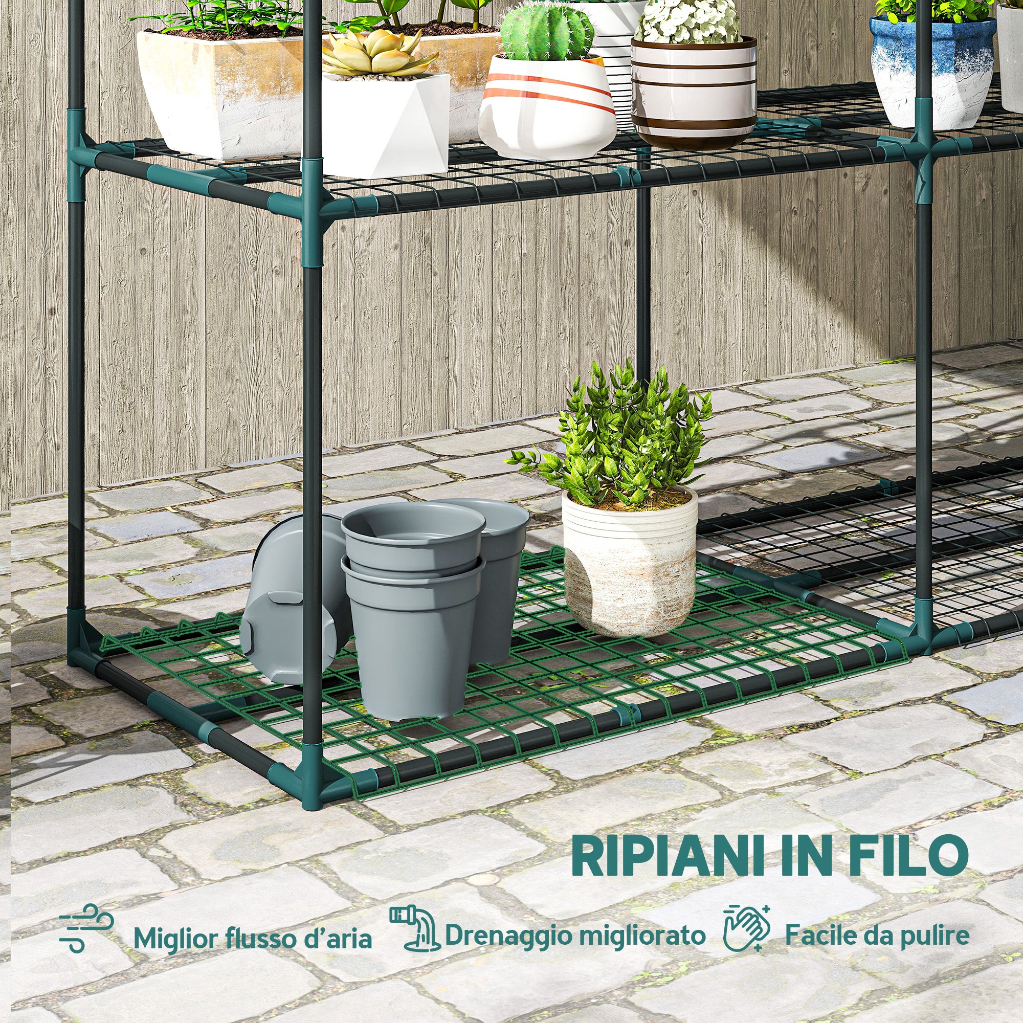 Outsunny 3-Tier Open Plant Stand in Steel and Plastic, 143x48x100 cm, Dark Green