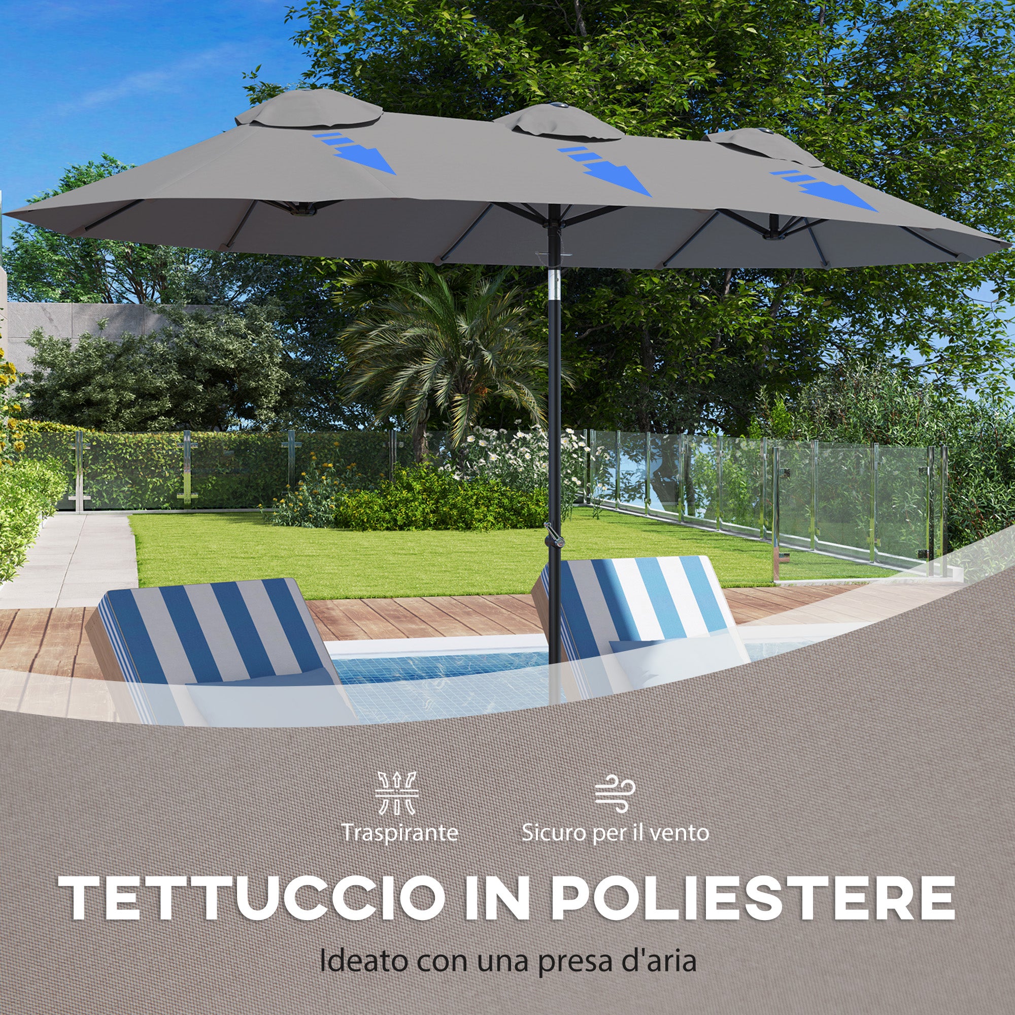 Double Umbrella Tiltable at 45° with Crank and Air Vents, in Steel and Polyester, 285x147x227 cm, Gray