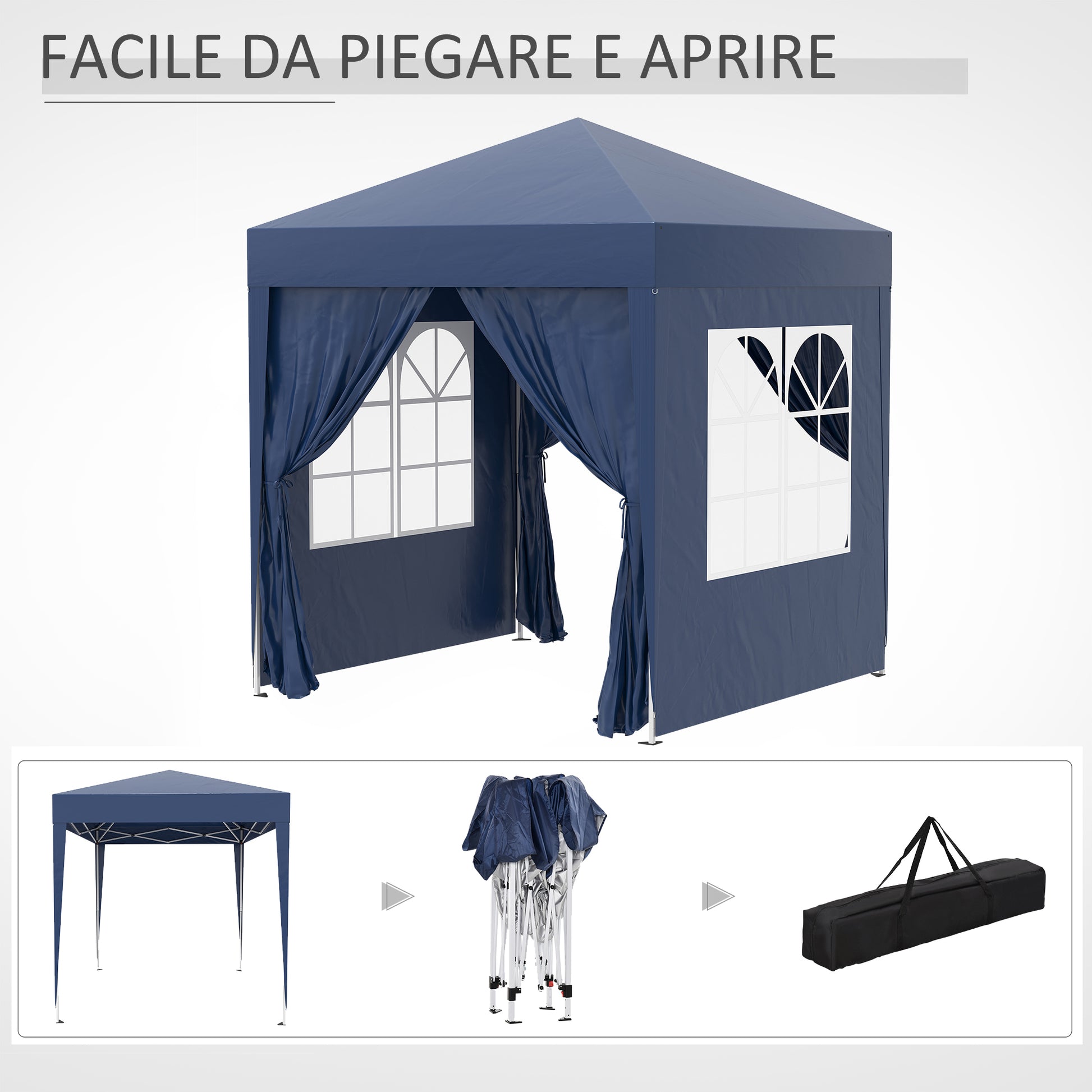 Outsunny folding gazebo pop up 2x2 m with 4 walls removable in polyester and steel, blue - Borgè