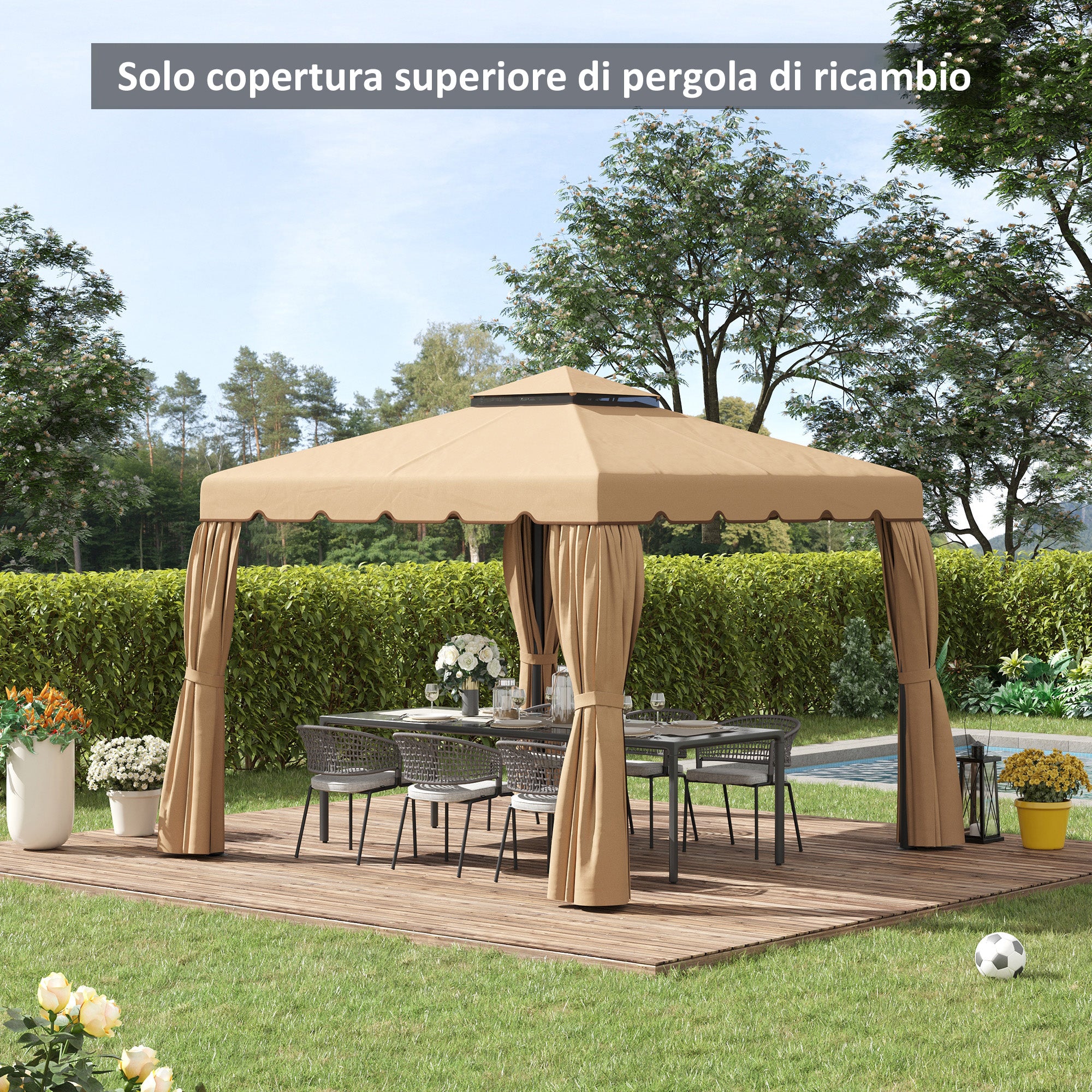 Outsunny 3x3m 2-Tier Gazebo Roof with 8 Drainage Holes in Khaki Polyester